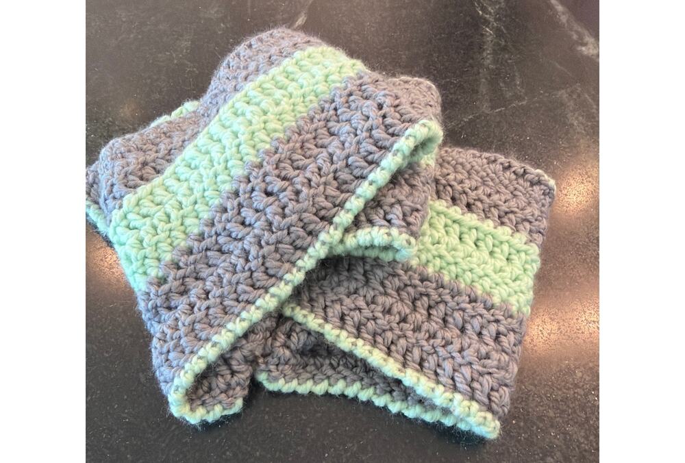 hand crocheted infinity scarf mint green and gray 8" w x 32" (doubled)